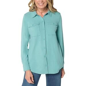 Belle Boho by Kim Gravel Women's Slub Knit Snap Front Shirt Blue - Regular